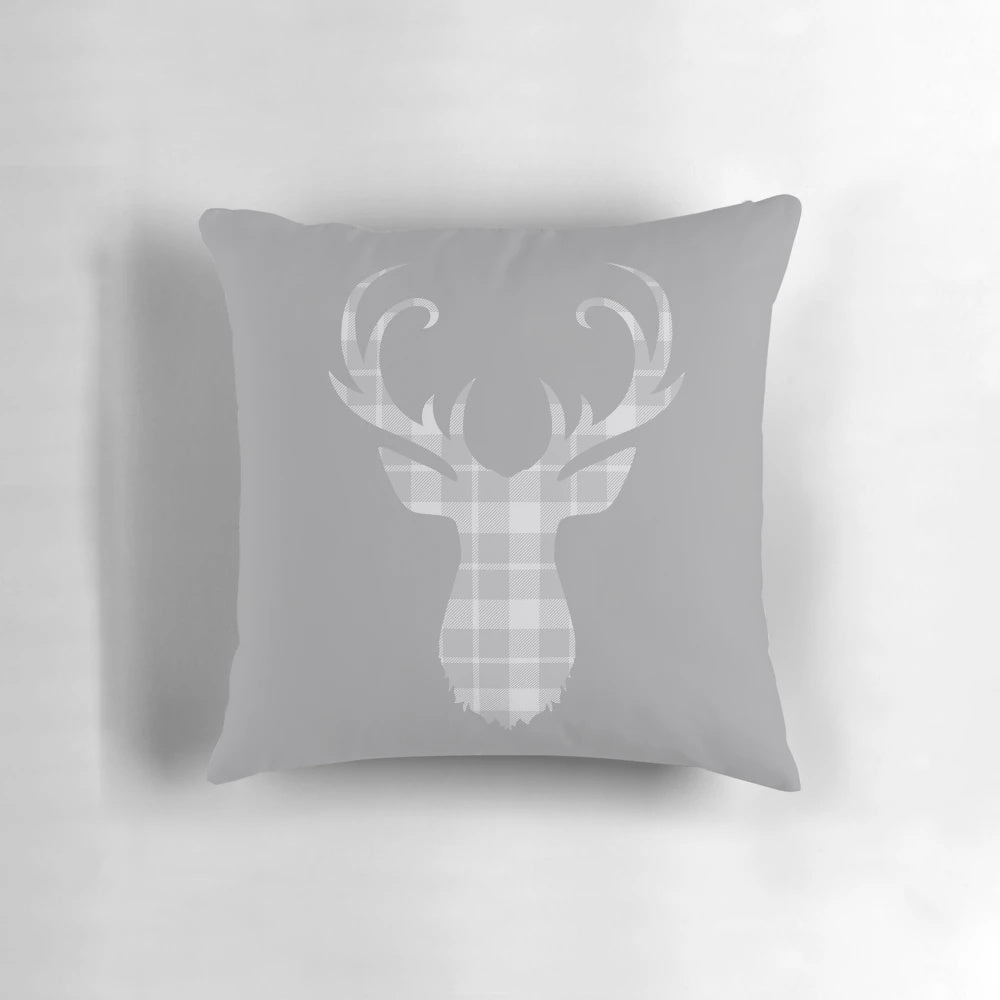 Grey tartan pillow with a stag head design, a classic country and vintage-inspired home decor accent.