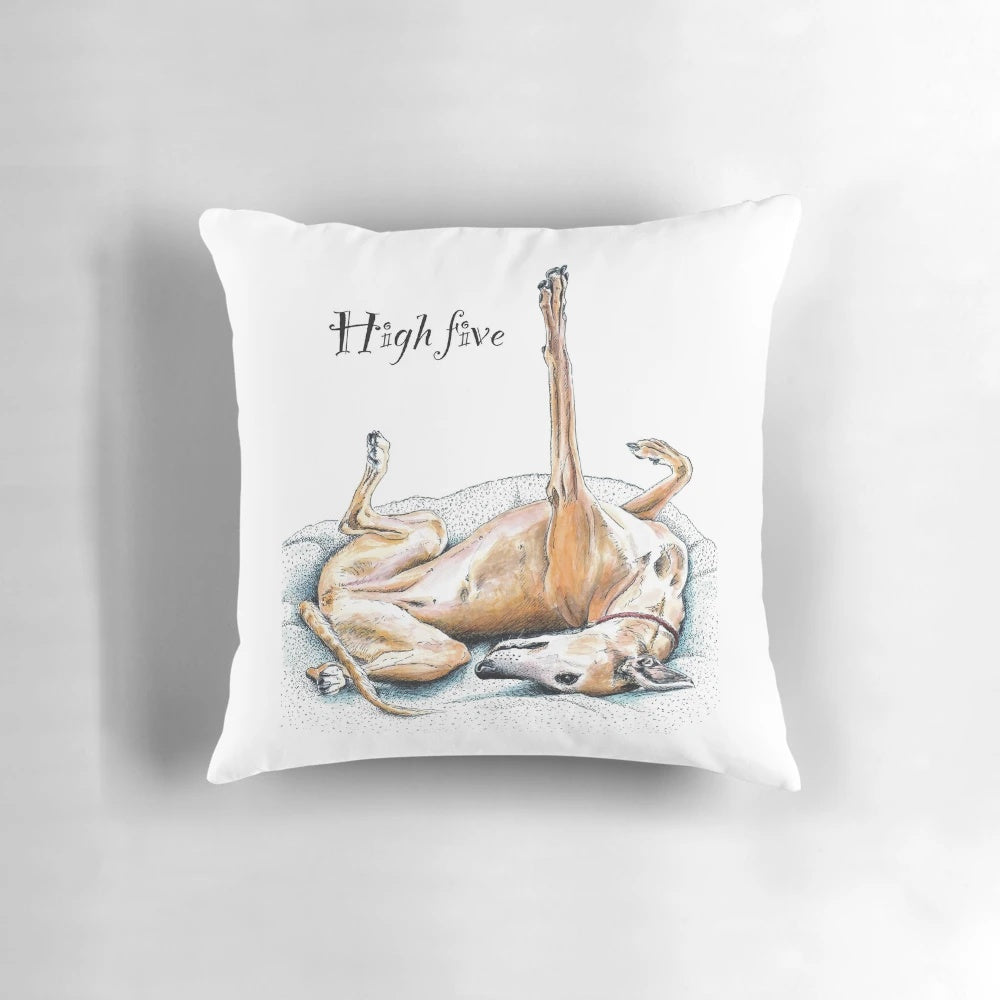 Vibrant illustration of a greyhound dog giving a high five on a decorative pillow
