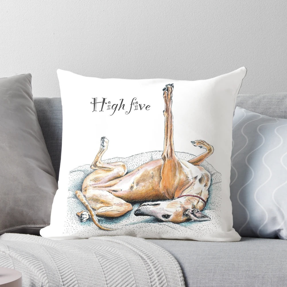 Vibrant illustration of a greyhound dog giving a high five on a decorative pillow