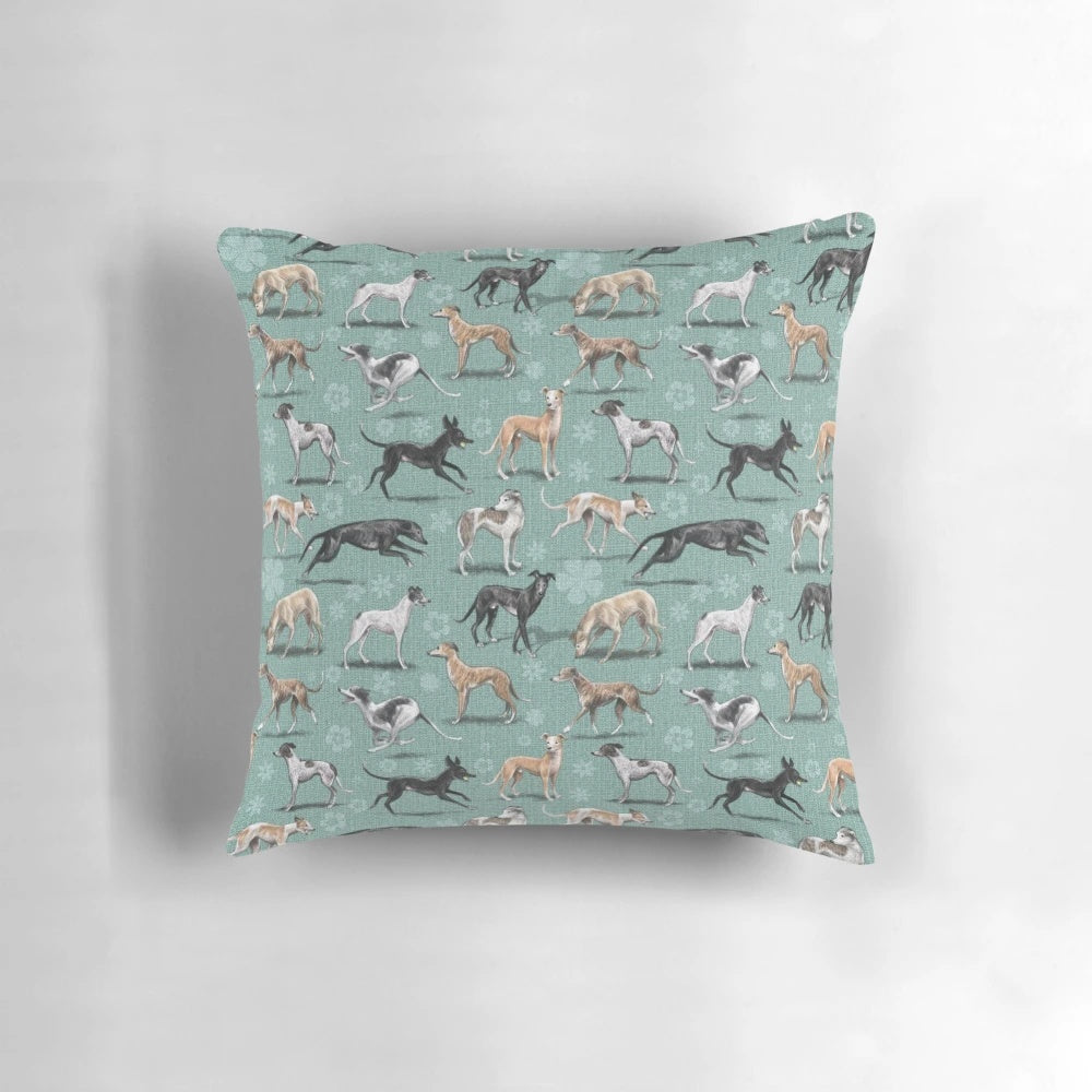 A decorative pillow featuring a beautiful greyhound or sighthound breed pattern design