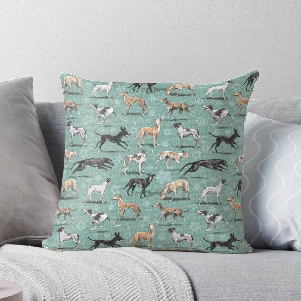 A decorative pillow featuring a beautiful greyhound or sighthound breed pattern design