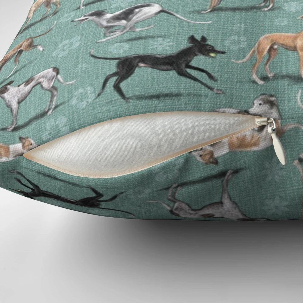 A decorative pillow featuring a beautiful greyhound or sighthound breed pattern design
