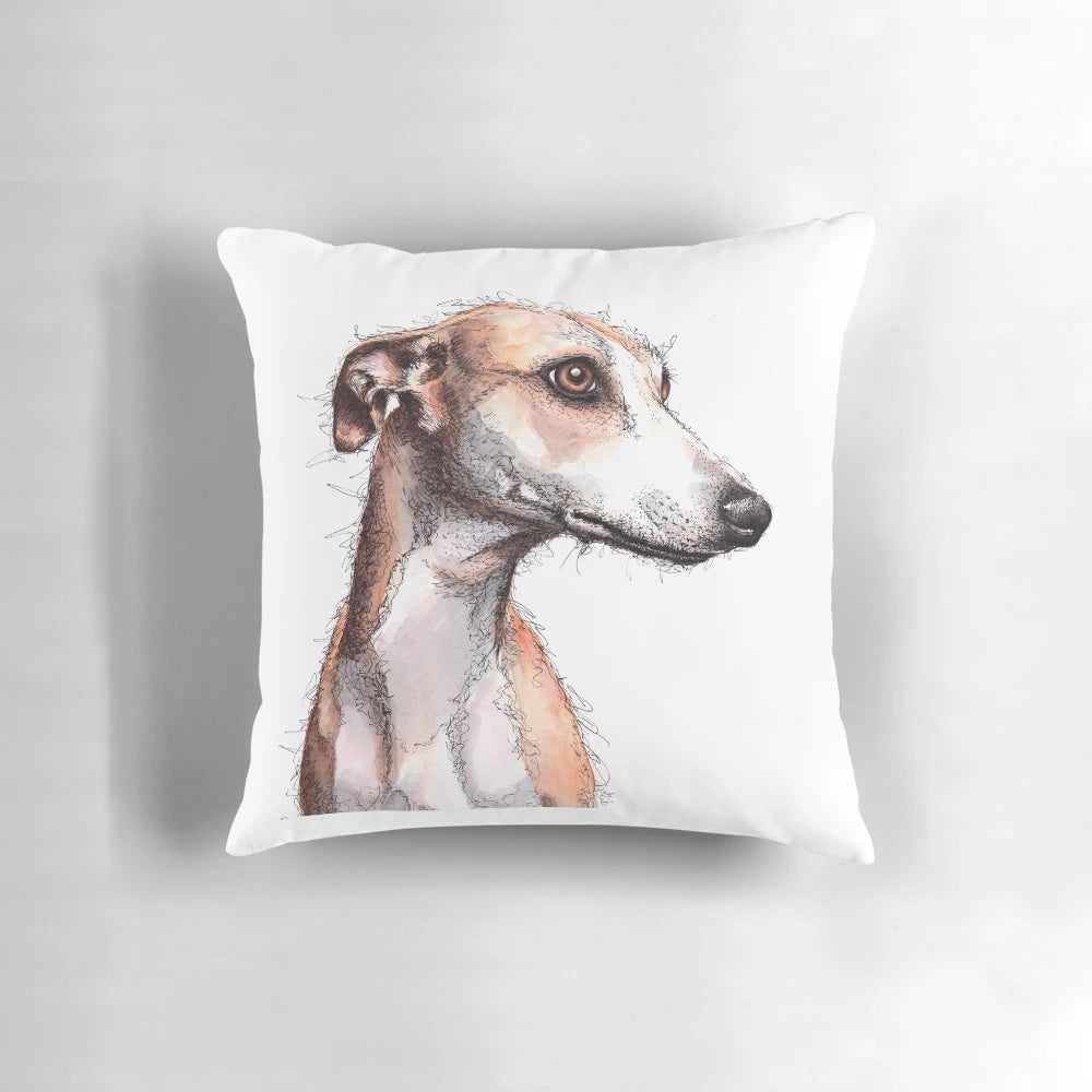 Decorative pillow featuring a whimsical illustration of a greyhound, sighthound, galgo, or lurcher dog breed.