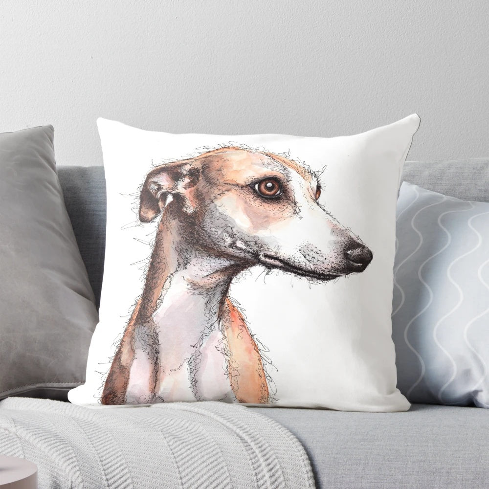 Decorative pillow featuring a whimsical illustration of a greyhound, sighthound, galgo, or lurcher dog breed.