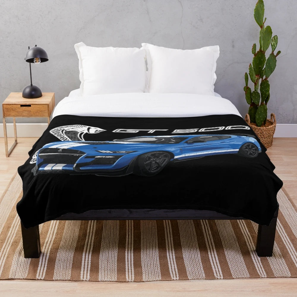 Ford Mustang GT500 Shelby Cobra inspired plush blanket in velocity blue color