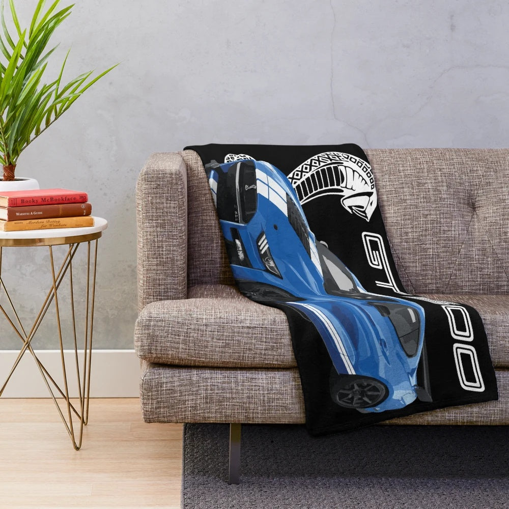 Ford Mustang GT500 Shelby Cobra inspired plush blanket in velocity blue color