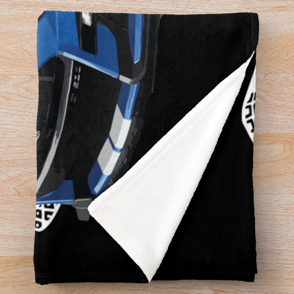 Ford Mustang GT500 Shelby Cobra inspired plush blanket in velocity blue color