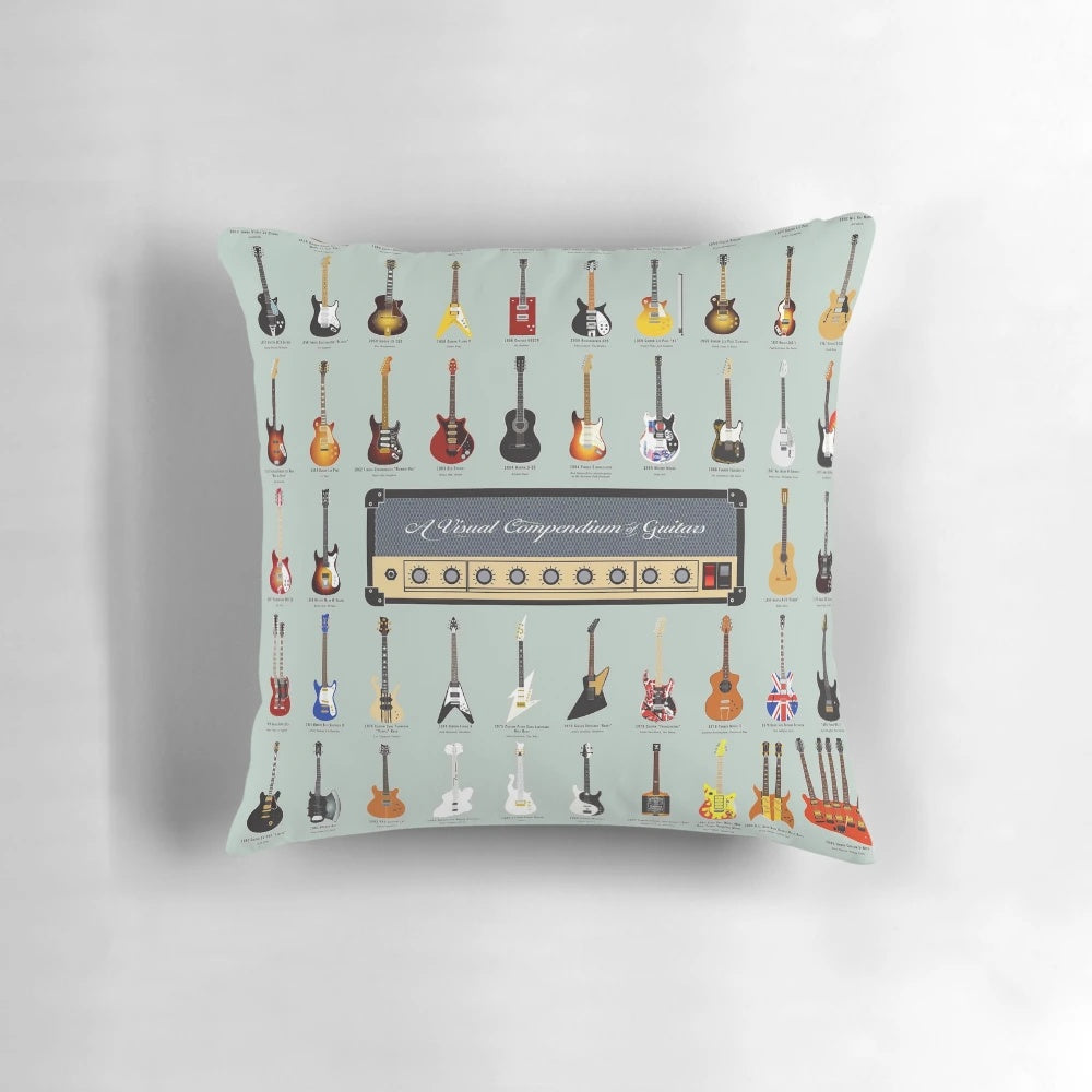 A decorative pillow featuring a print of various types of guitars