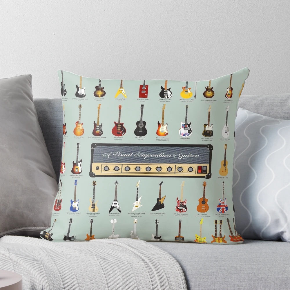 A decorative pillow featuring a print of various types of guitars