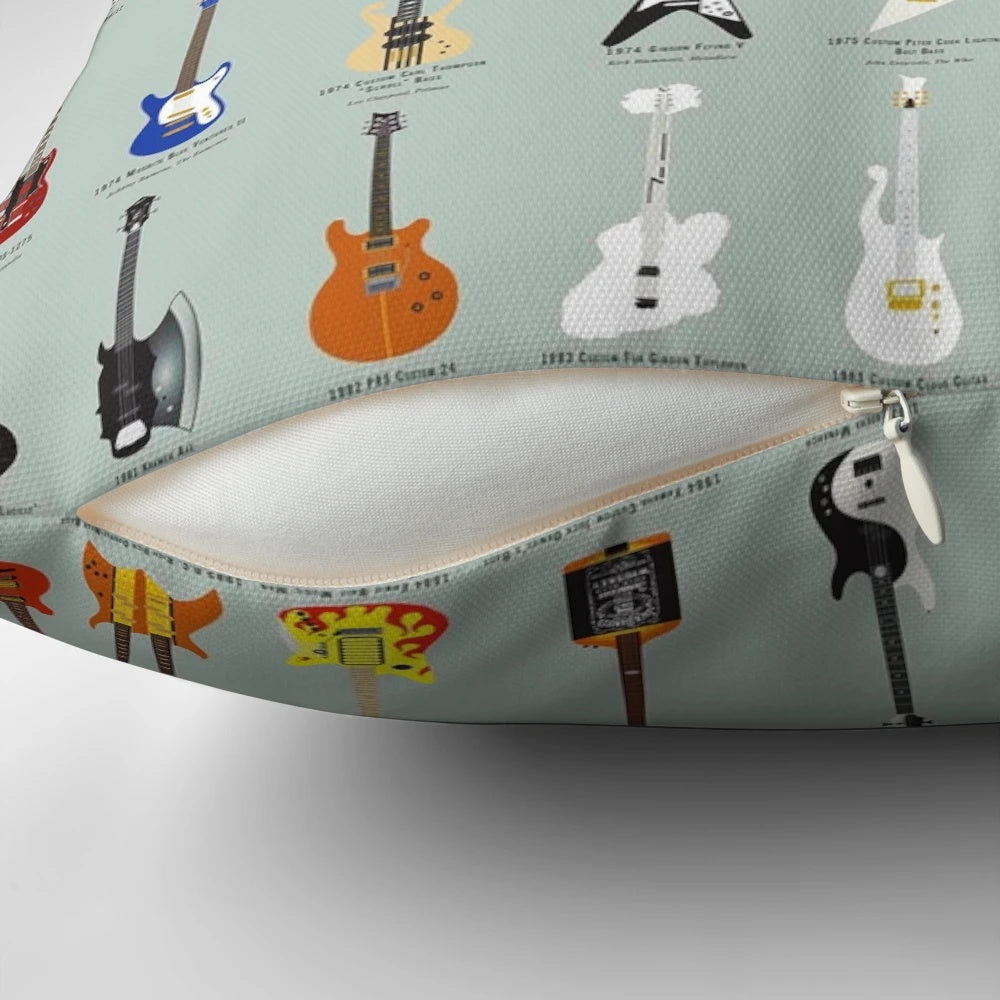 A decorative pillow featuring a print of various types of guitars