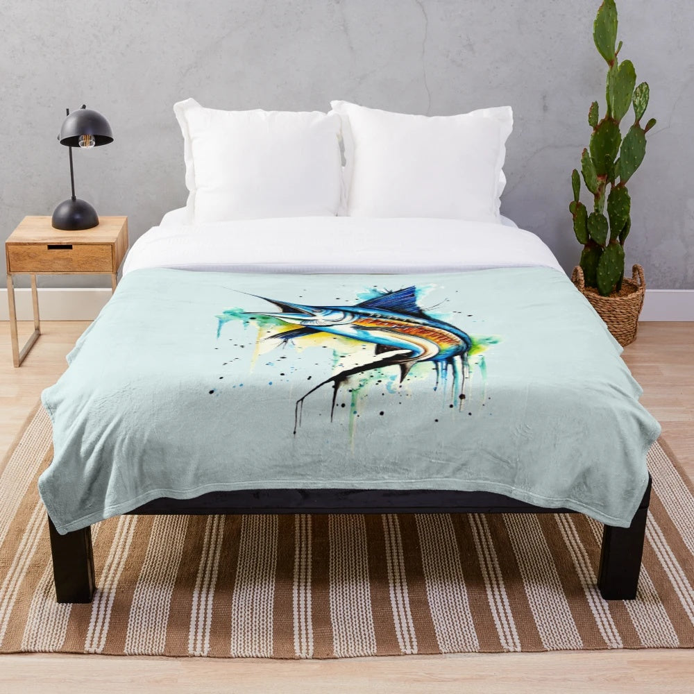 Guy Harvey inspired plush blanket with racing and music motifs