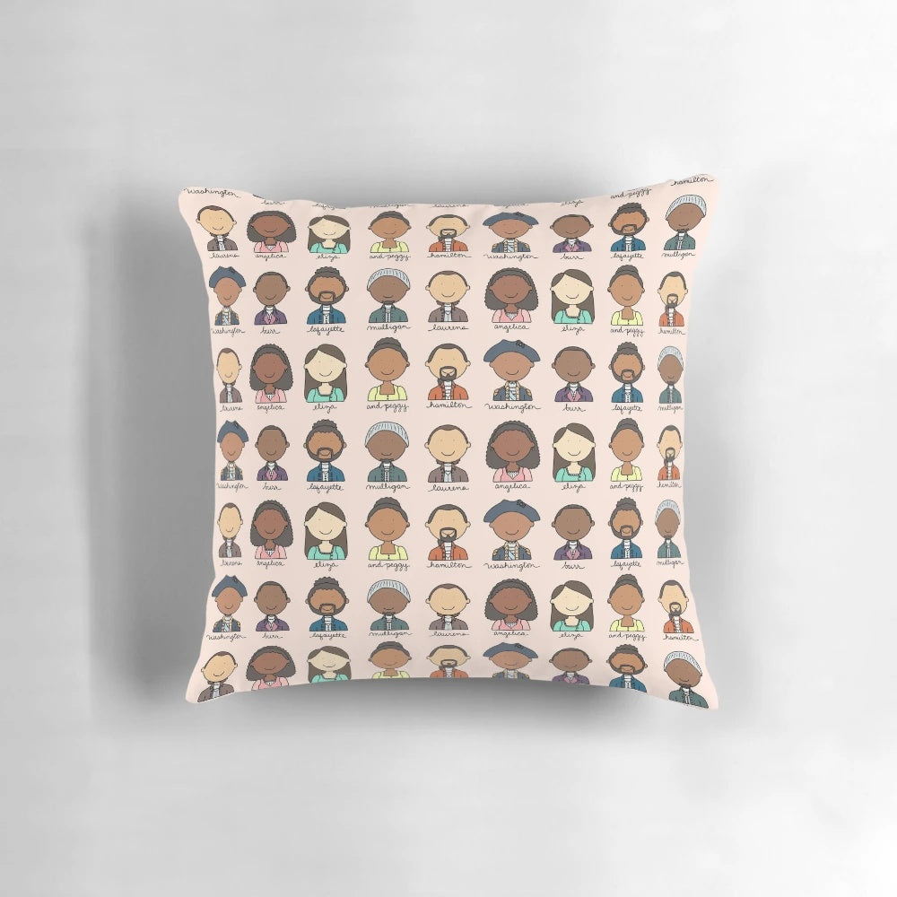 A plush pillow featuring characters from the hit Broadway musical Hamilton