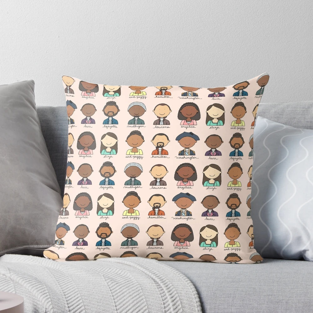 A plush pillow featuring characters from the hit Broadway musical Hamilton