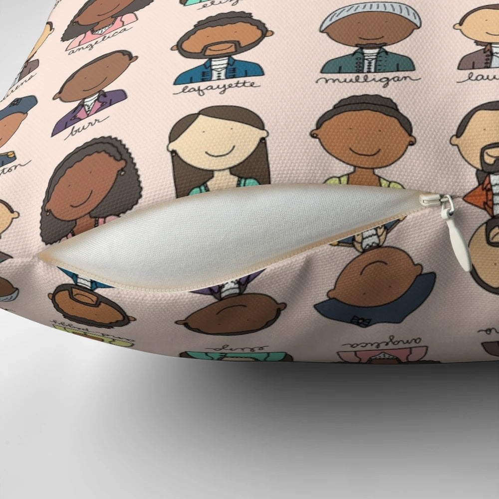 A plush pillow featuring characters from the hit Broadway musical Hamilton