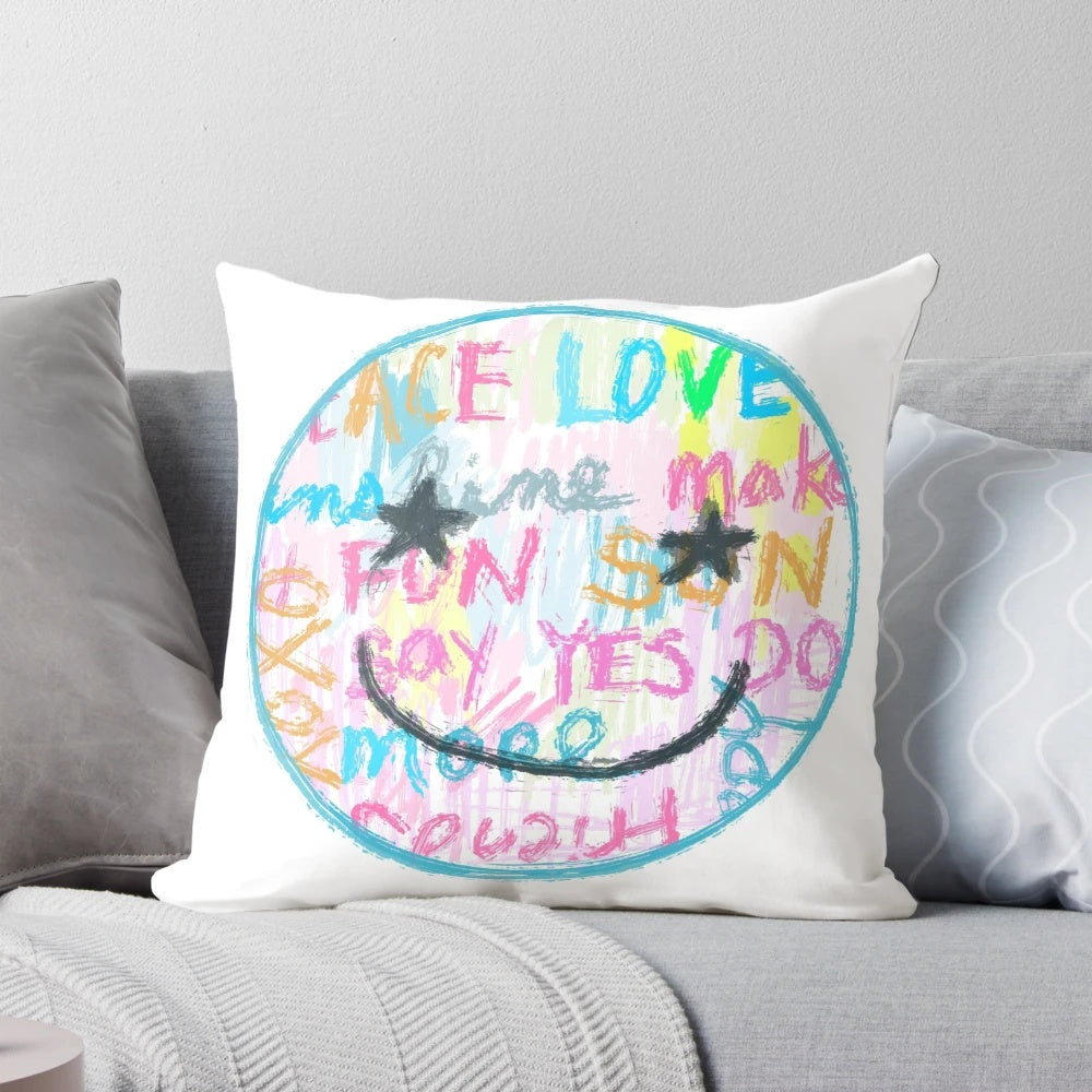 Vibrant happy face pillow with a preppy, trendy design.