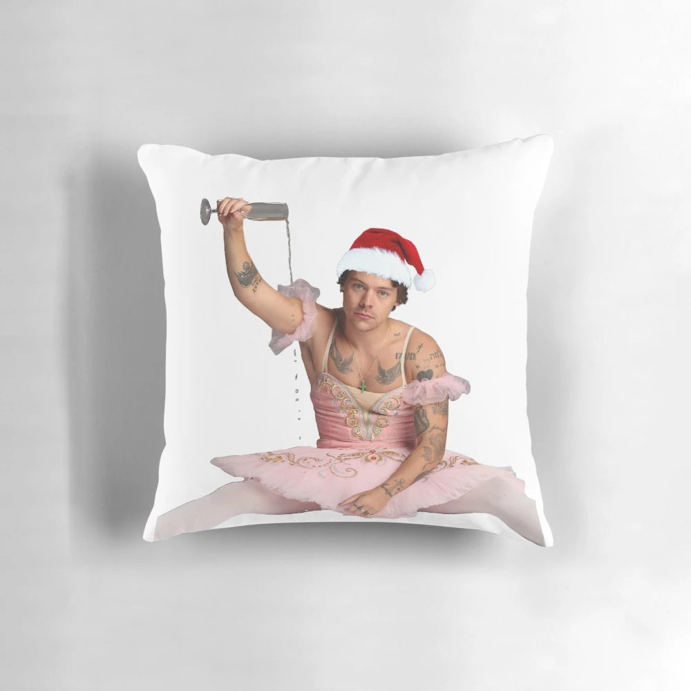 Festive ballerina-themed Harry Styles Christmas pillow with a cozy, aesthetic design.