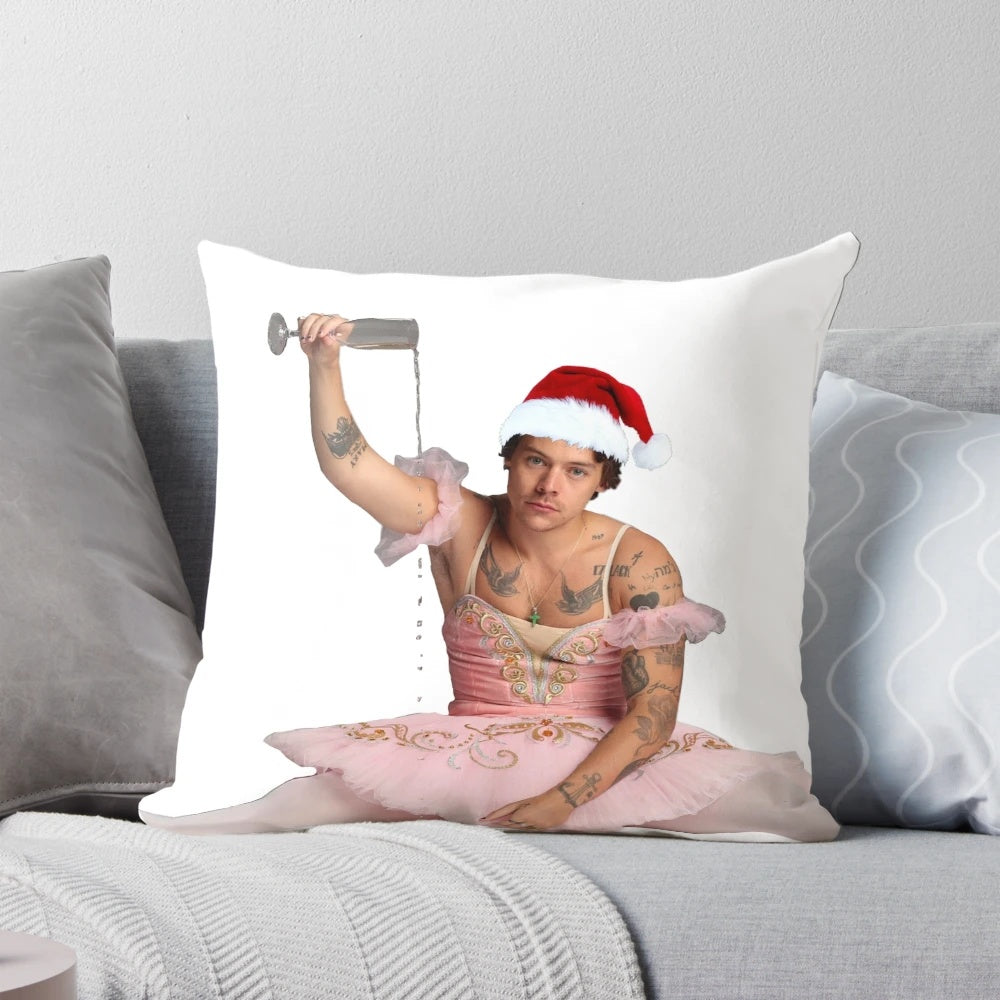 Festive ballerina-themed Harry Styles Christmas pillow with a cozy, aesthetic design.