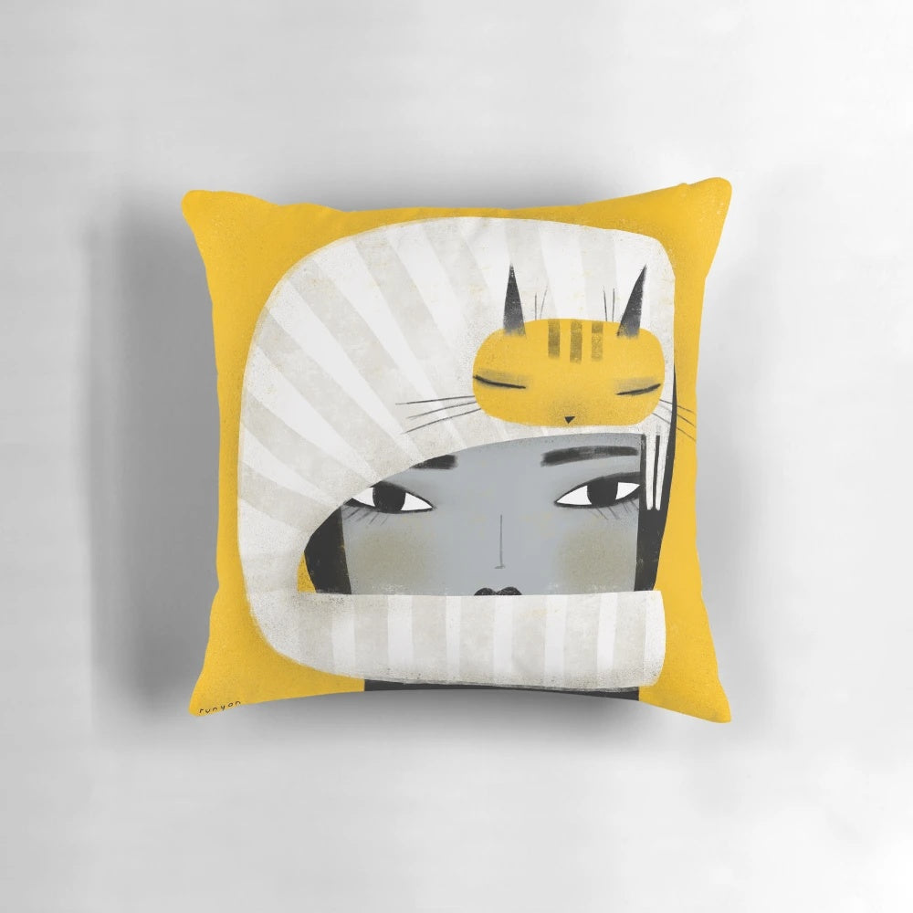 Cozy and fashionable HAT SCARF COMBO pillow featuring a playful cat design in vibrant yellow