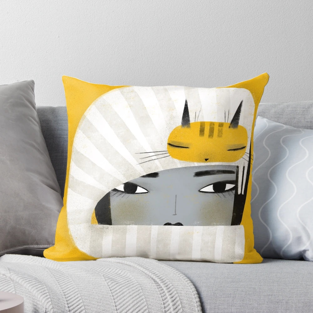 Cozy and fashionable HAT SCARF COMBO pillow featuring a playful cat design in vibrant yellow