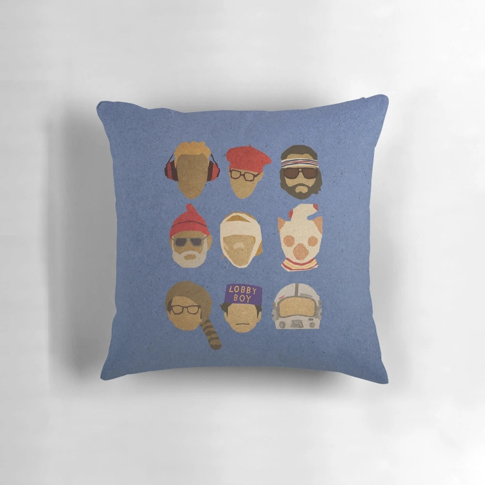 Decorative throw pillow featuring hats from Wes Anderson movies