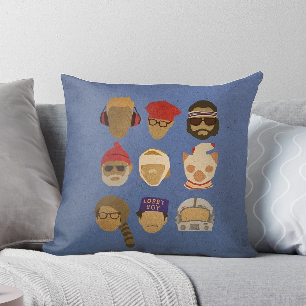 Decorative throw pillow featuring hats from Wes Anderson movies