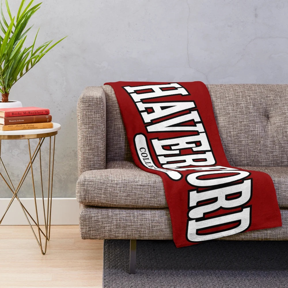 Haverford College inspired plush blanket with a stylish serif font curved design