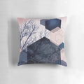 Hexagon-patterned landscape pillow in blush pink and navy blue