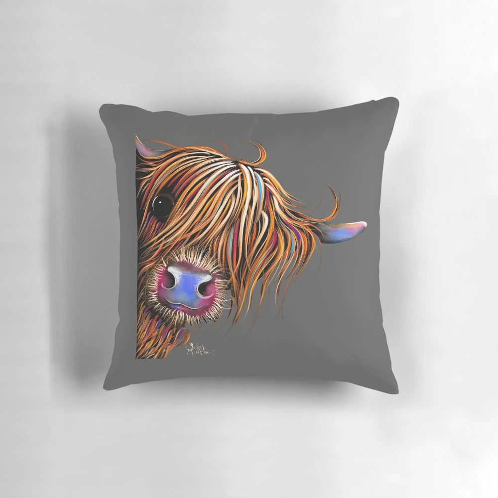 Cozy and charming highland cow print pillow in grey and white color