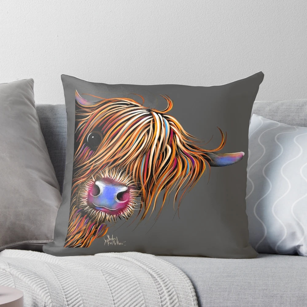 Cozy and charming highland cow print pillow in grey and white color
