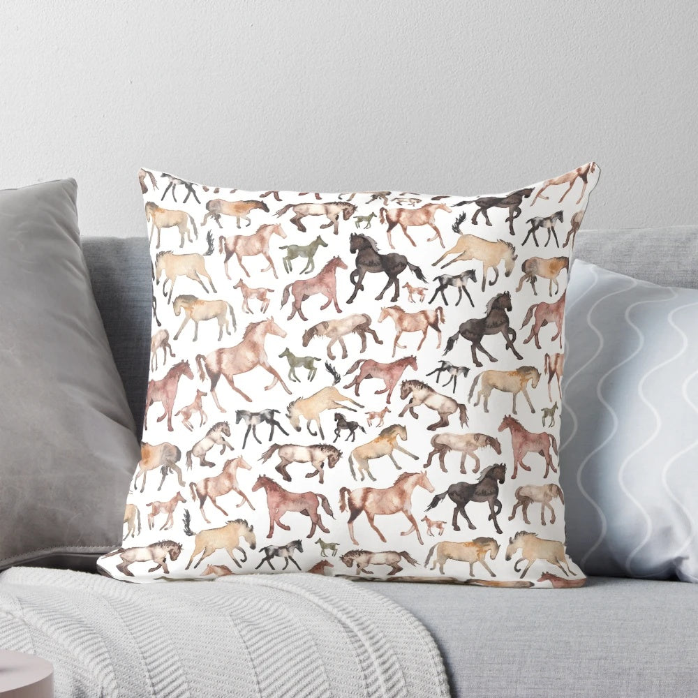 A watercolor-inspired throw pillow featuring a beautiful image of a horse against a patterned background.