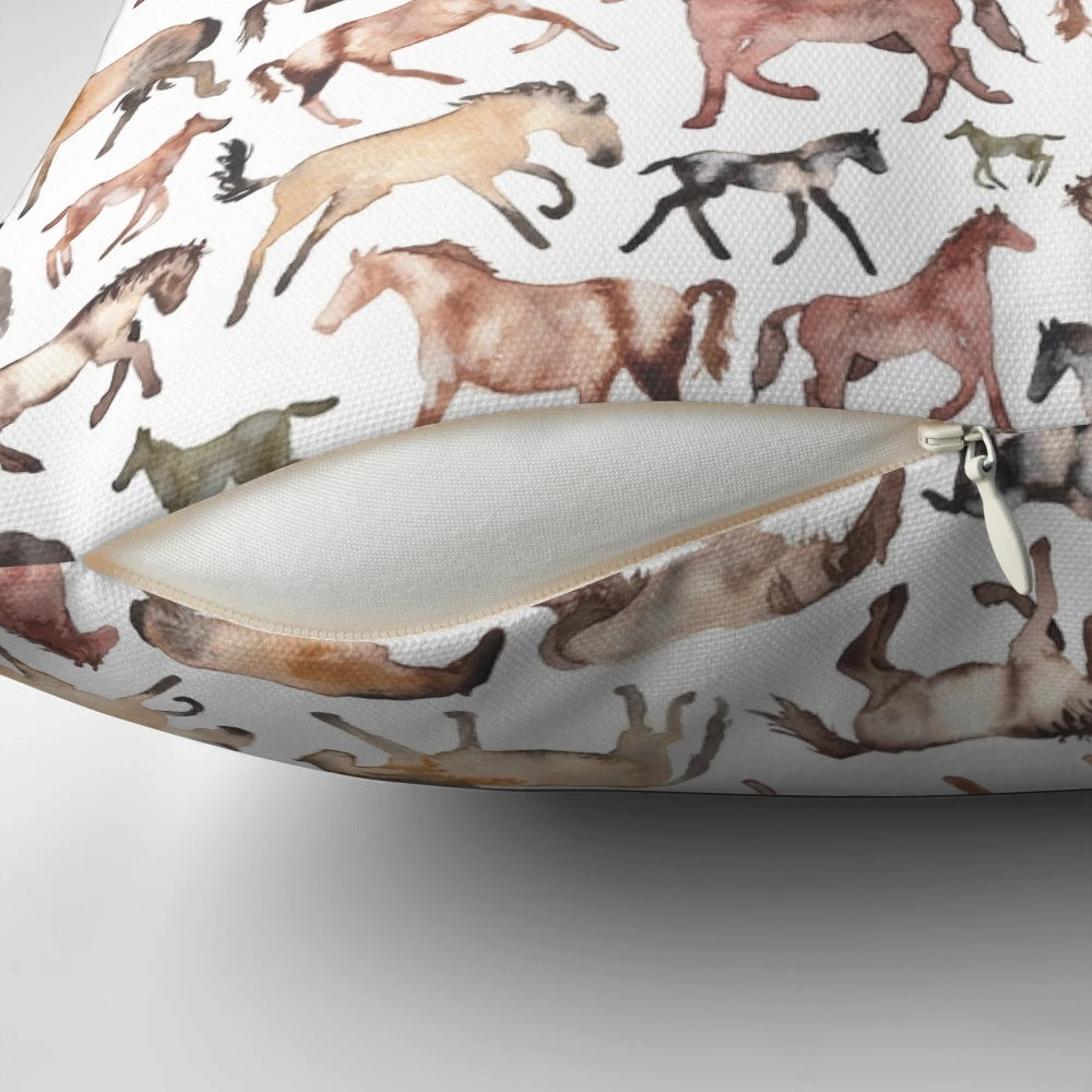 A watercolor-inspired throw pillow featuring a beautiful image of a horse against a patterned background.