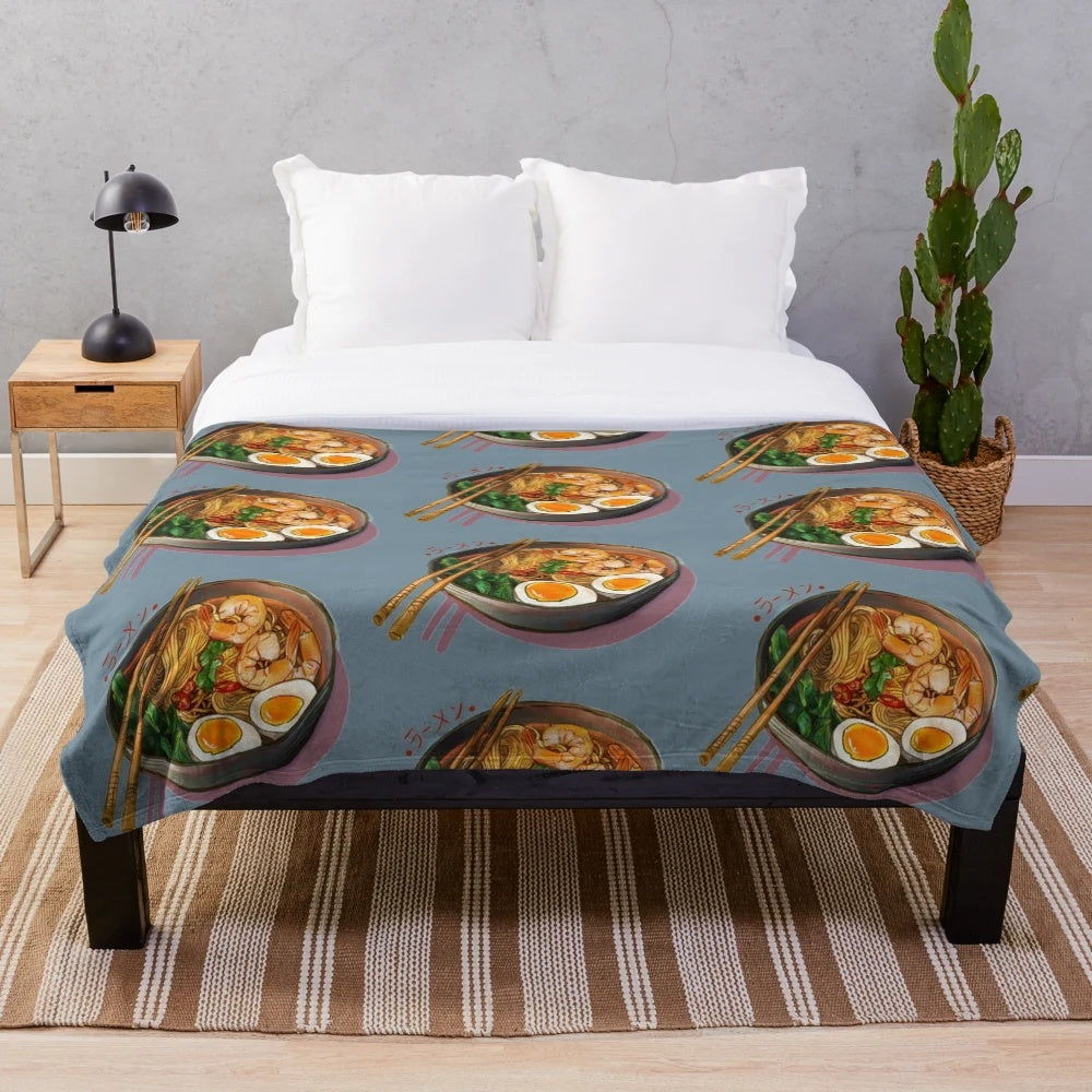 Cozy plush blanket with a detailed illustration of a Japanese ramen noodles bowl