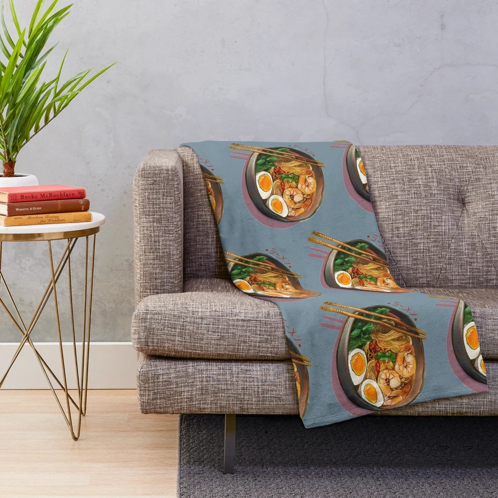 Cozy plush blanket with a detailed illustration of a Japanese ramen noodles bowl