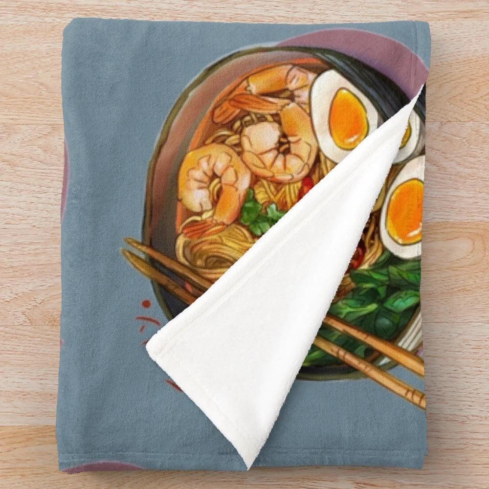 Cozy plush blanket with a detailed illustration of a Japanese ramen noodles bowl