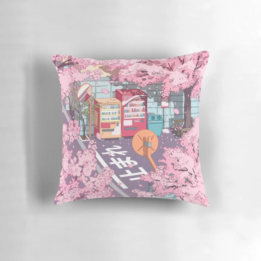 A vibrant pillow featuring a beautiful Japanese street scene with a pink sakura tree in full bloom.