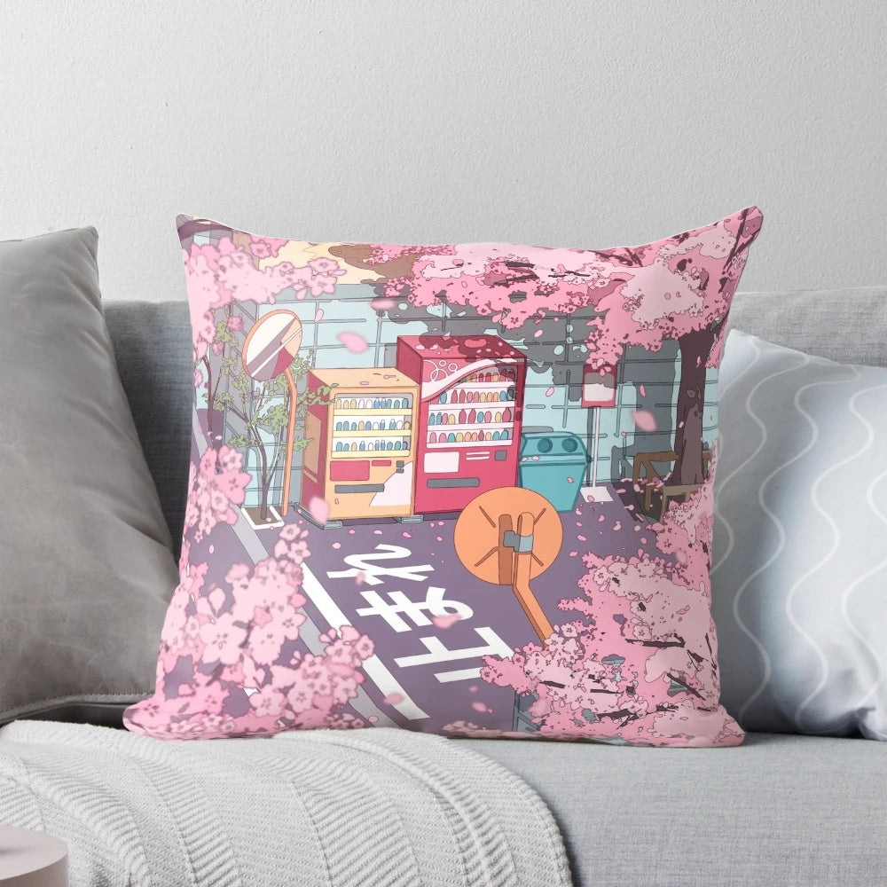 A vibrant pillow featuring a beautiful Japanese street scene with a pink sakura tree in full bloom.