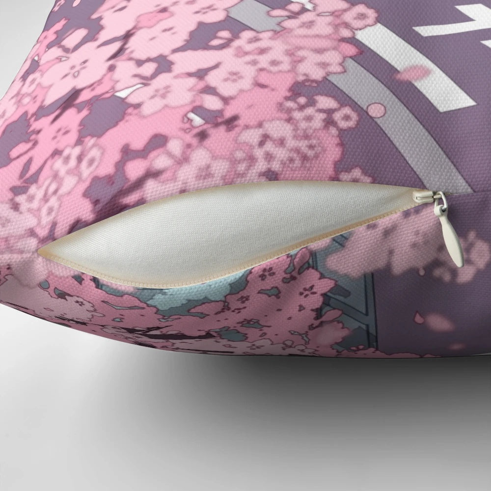 A vibrant pillow featuring a beautiful Japanese street scene with a pink sakura tree in full bloom.