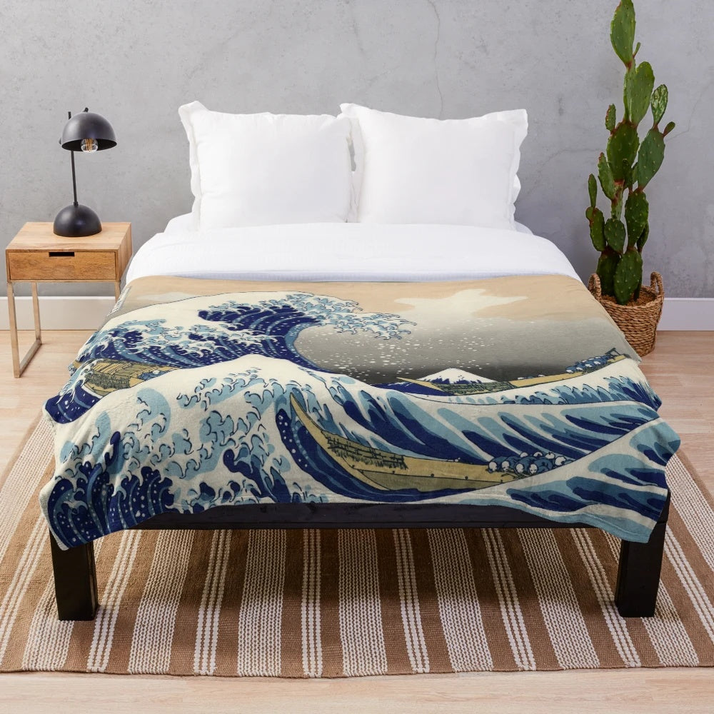 Plush blanket with the famous Great Wave off Kanagawa artwork
