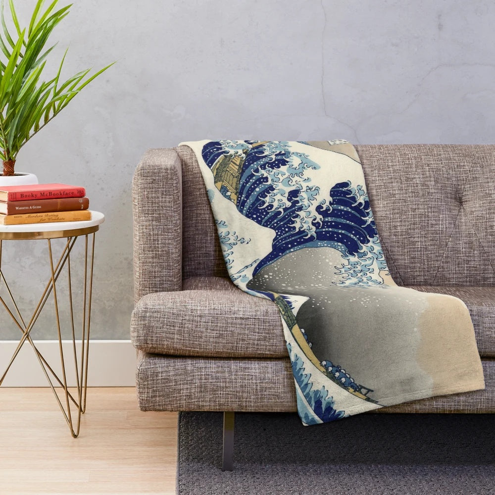 Plush blanket with the famous Great Wave off Kanagawa artwork