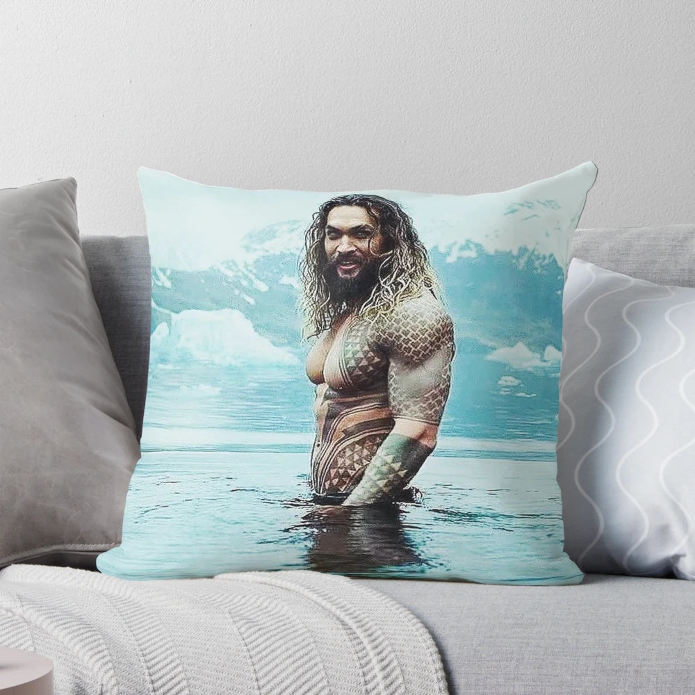 Decorative pillow featuring a photo of actor Jason Momoa