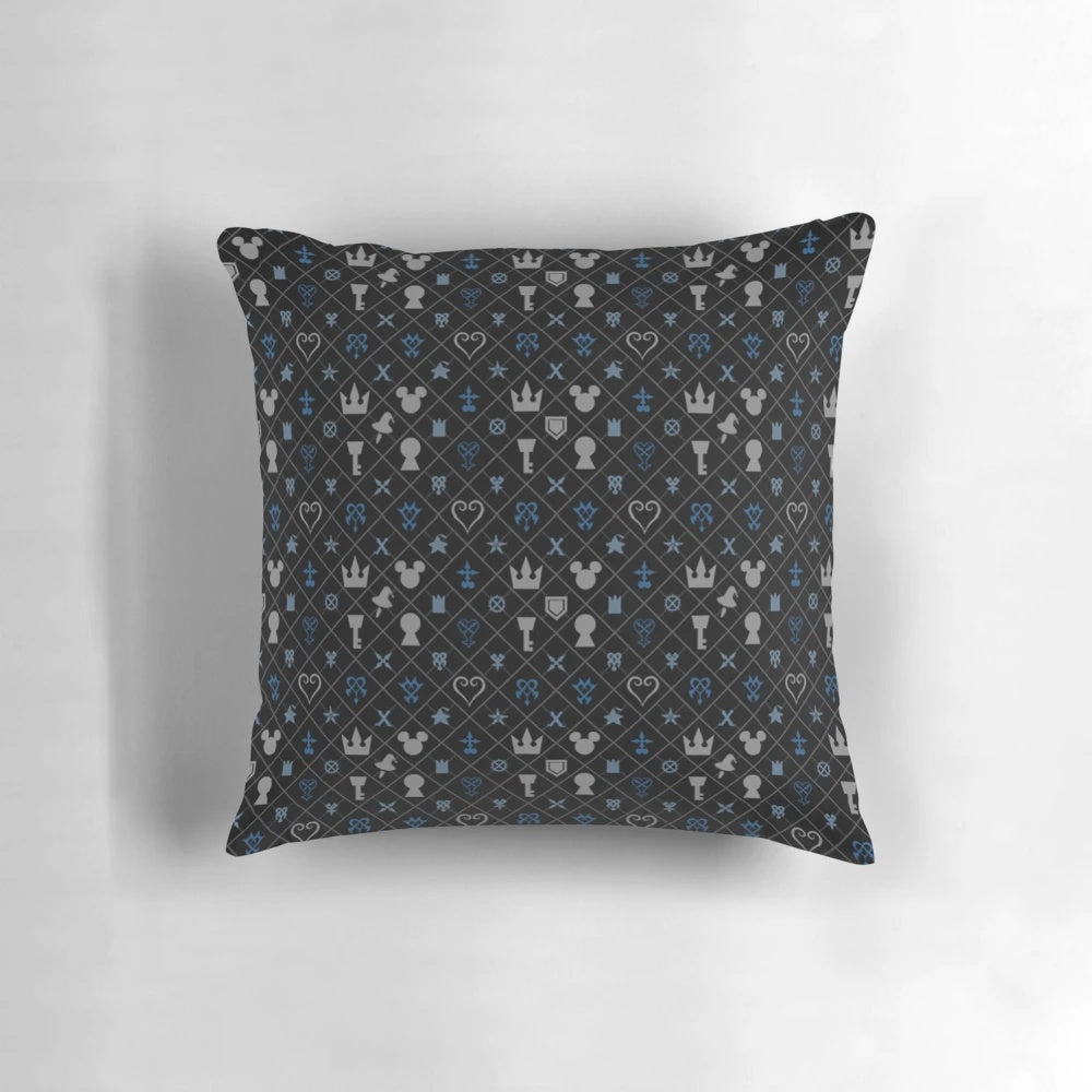 A decorative pillow featuring a kingdom hearts inspired pattern with characters like sora, mickey mouse, and others.