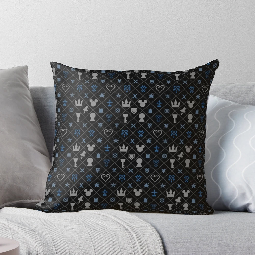 A decorative pillow featuring a kingdom hearts inspired pattern with characters like sora, mickey mouse, and others.