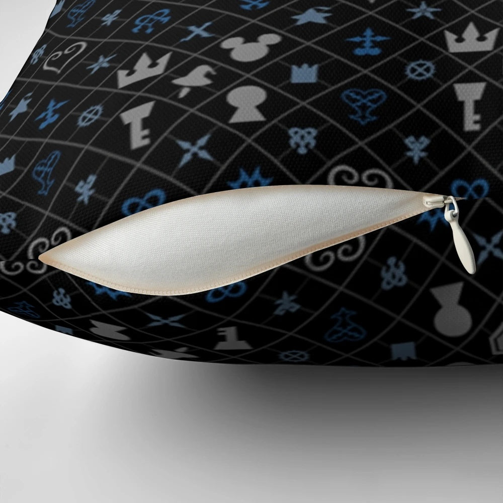 A decorative pillow featuring a kingdom hearts inspired pattern with characters like sora, mickey mouse, and others.