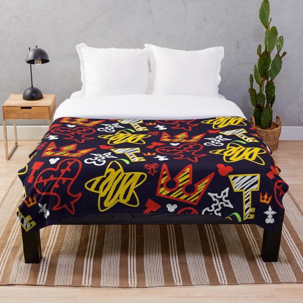 Kingdom Hearts inspired plush blanket with crayon-style pattern