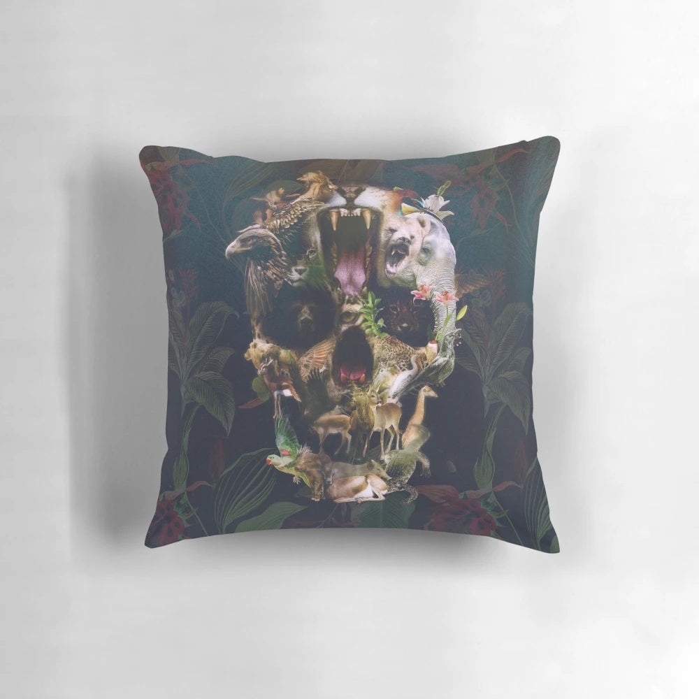 A decorative pillow featuring a striking skull design, perfect for adding a touch of edgy style to any room.