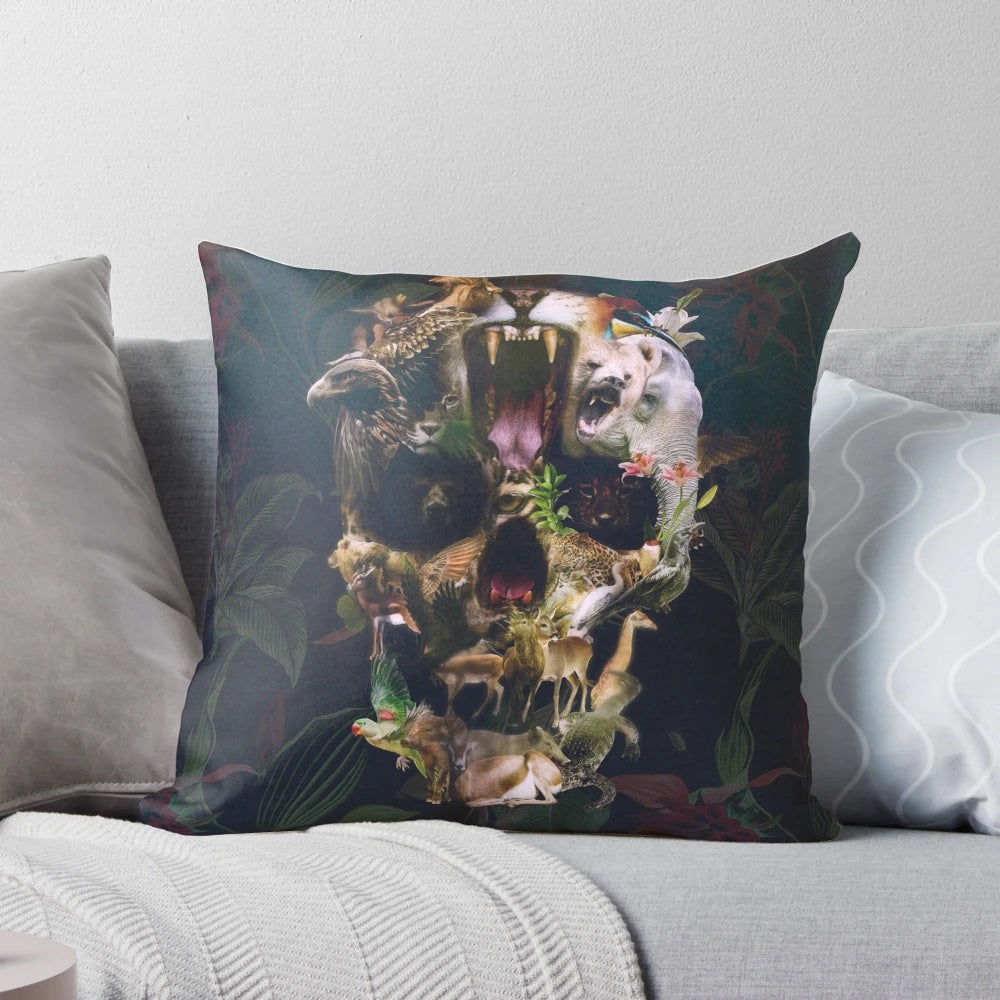 A decorative pillow featuring a striking skull design, perfect for adding a touch of edgy style to any room.
