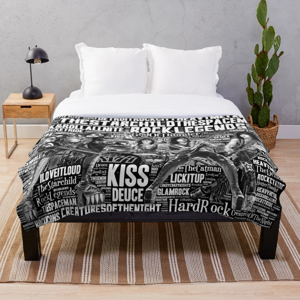 Cozy KISS band-themed plush blanket with the band's iconic logo and member names