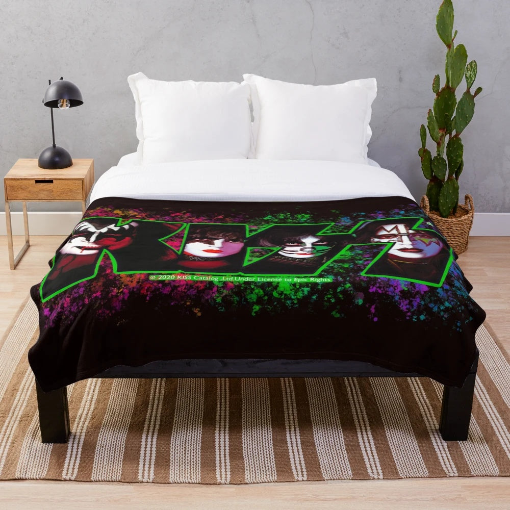Soft and cozy plush blanket featuring the iconic Kiss band logo and fan art design