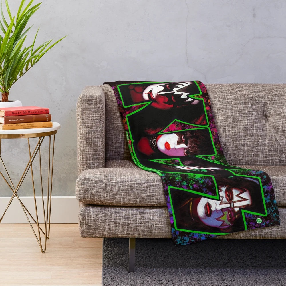 Soft and cozy plush blanket featuring the iconic Kiss band logo and fan art design