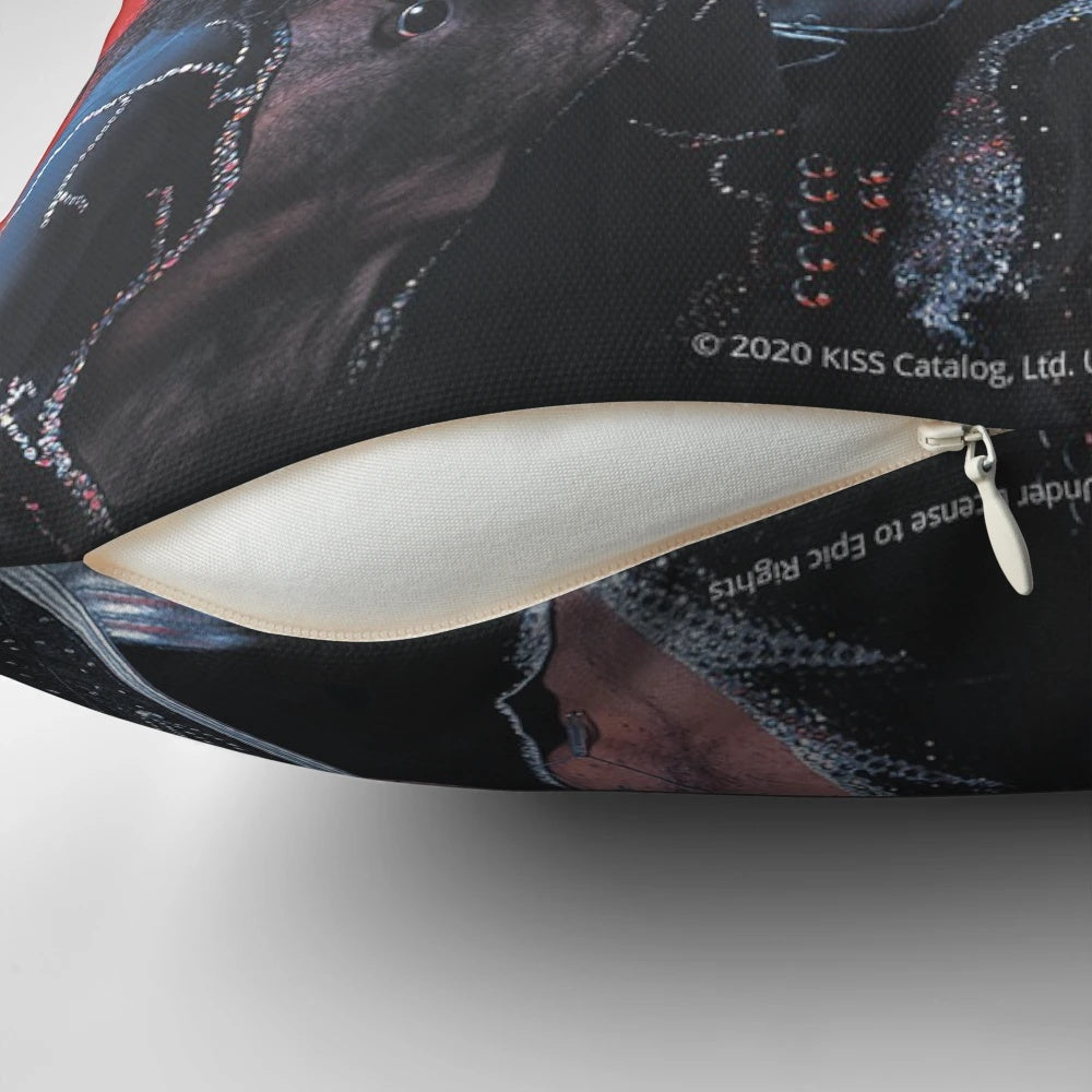 A decorative pillow featuring a kiss-themed design, perfect for fans of the rock band KISS.